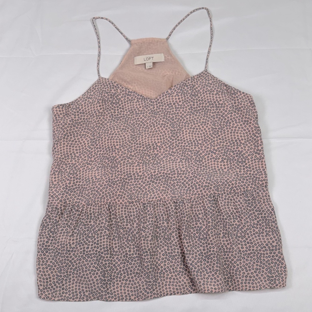 LOFT Peplum Blush and Black Polka Dot Soft Flowy Camisole‎ Racer Back Size Small